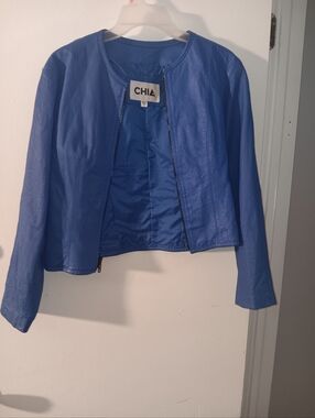 Chia Electric Blue Collarless Leather Jacket for Women